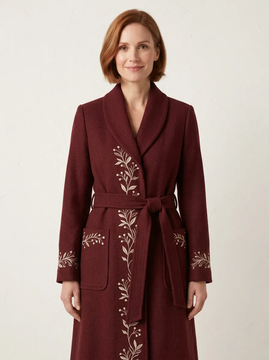 Women's Botanical Floral Embroidered Beige Belted Wool Coat