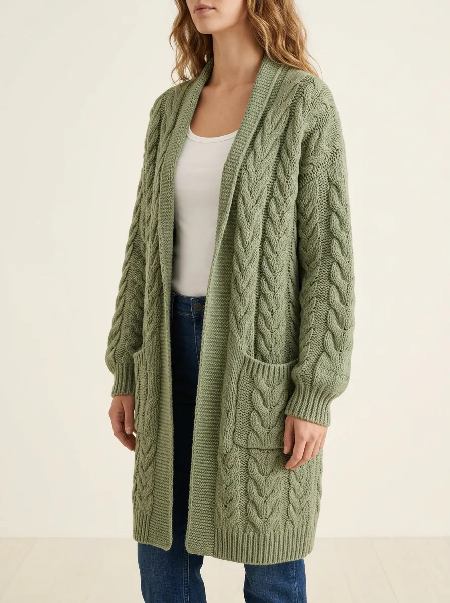Women's Cable Knit Open-Front Open- Design Wide Ribbed Long Cardigan