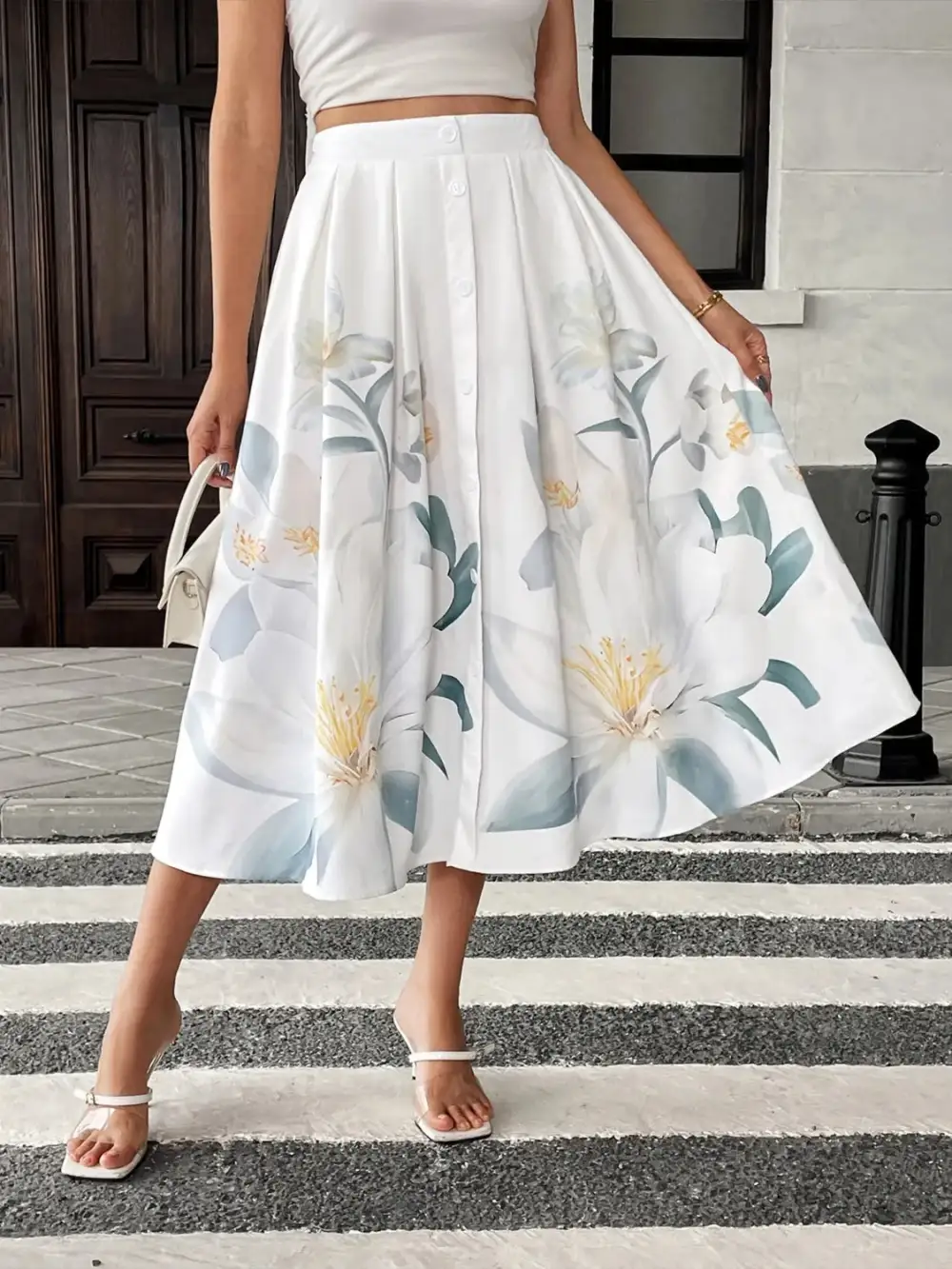 Button Front Printed Skirt