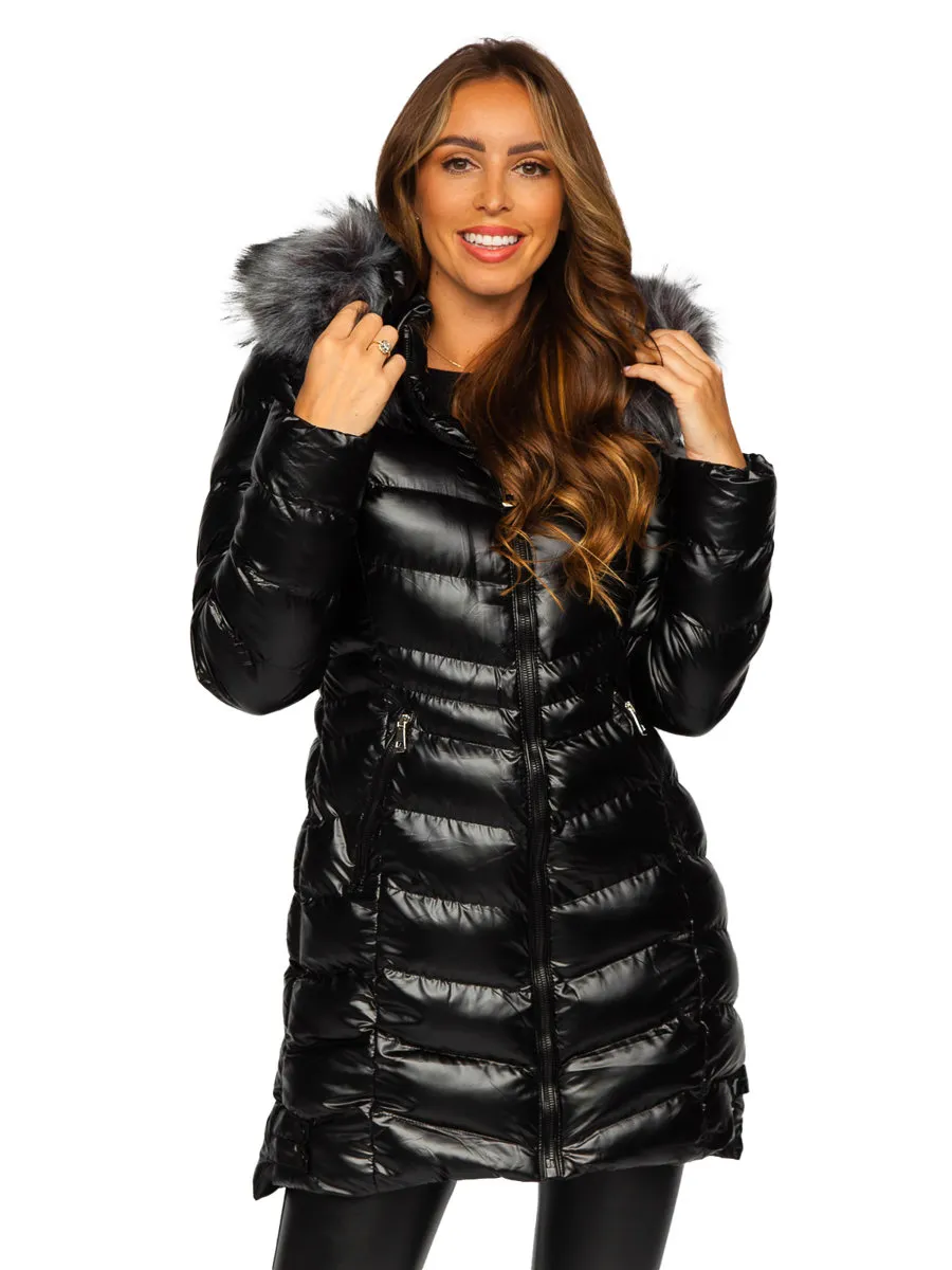 black women's long quilted winter jacket with hood