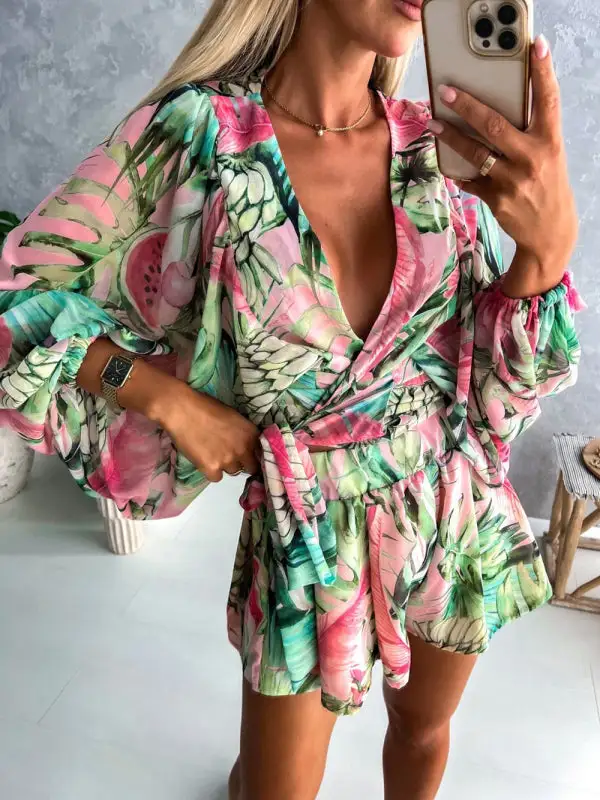Woven Floral Long Sleeved V Neck Shorts