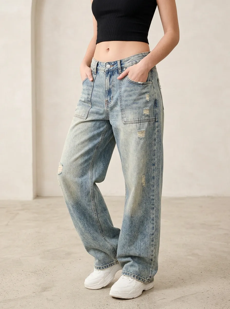 Women's Vintage Distressed Wide Leg Patch Pocket Jeans