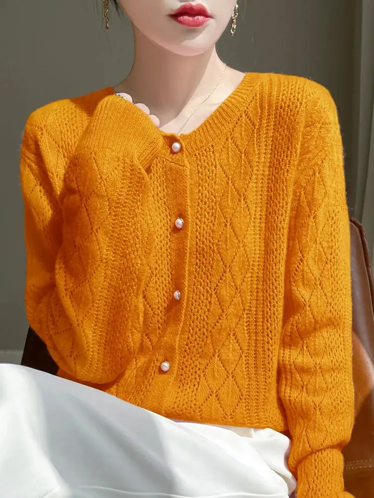 Merino-Wool Wool Pearl-Button Crew-Neck Cardigan