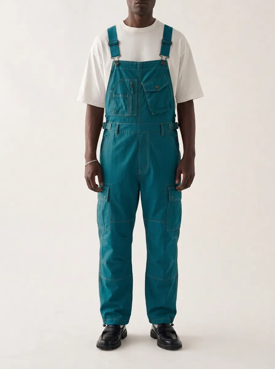 Men's Military Style Olive Cargo Multi-Pocket Bib Overalls