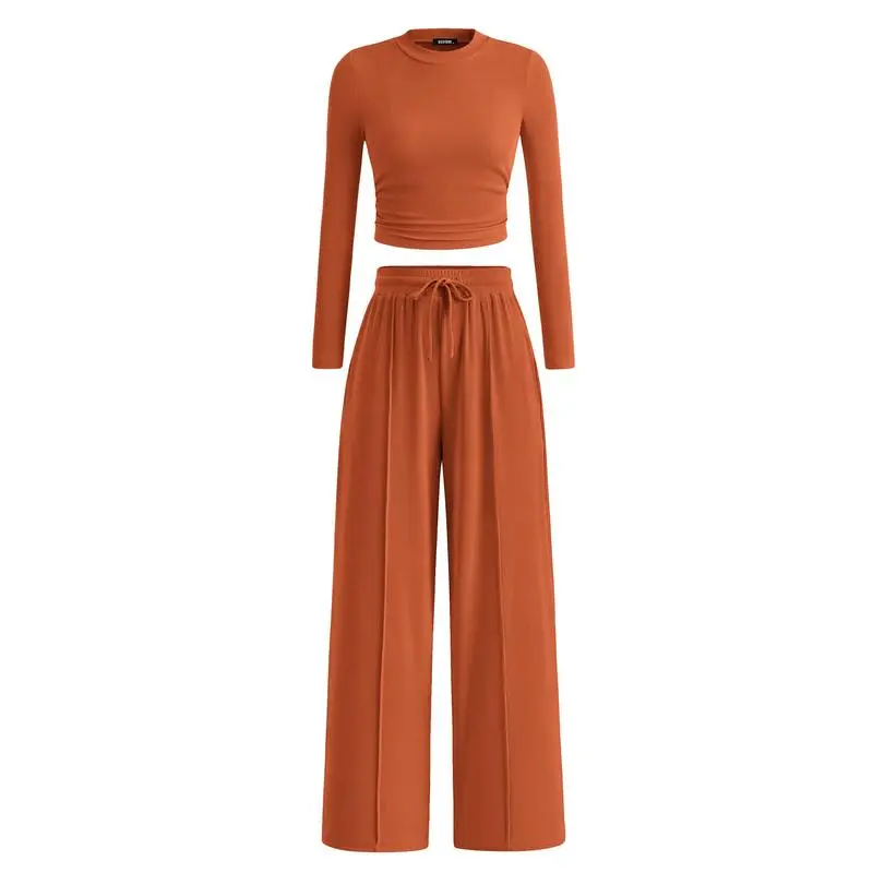 Ribbed Knit Set: Cropped Long-Sleeve Top and Wide-Leg Pants Casual Homewear Set