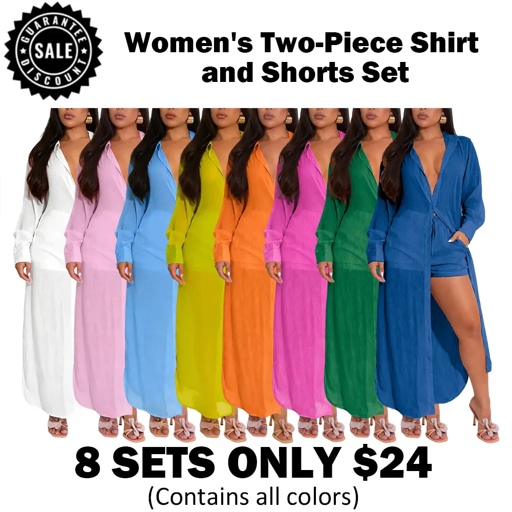 Women's Solid Color Button Front Shirt & Shorts Two-Piece Set
