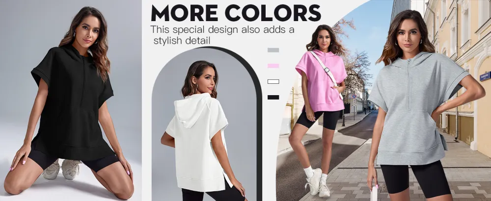 Women's Oversized Half Zip Short Sleeve Hoodie with Pockets