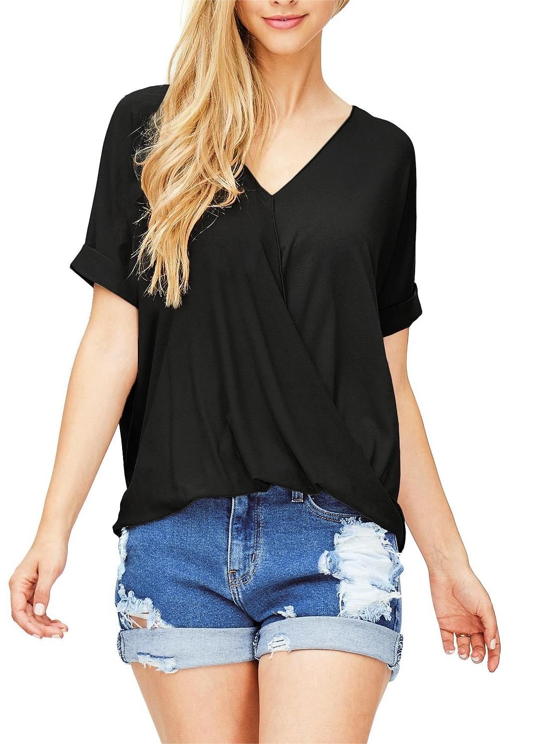 Black Short - Sleeve Surplice Top