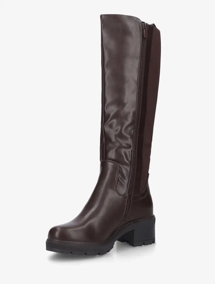 Bold Detail Stretch Panel Block Heel Faux Leather Knee High Boots