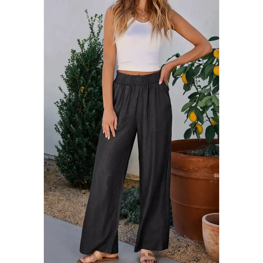 Side Pockets Frilled Smocked High Waist Wide Leg Pants