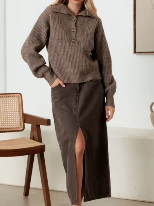 100% Wool Button-Up Neck Pullover Sweater