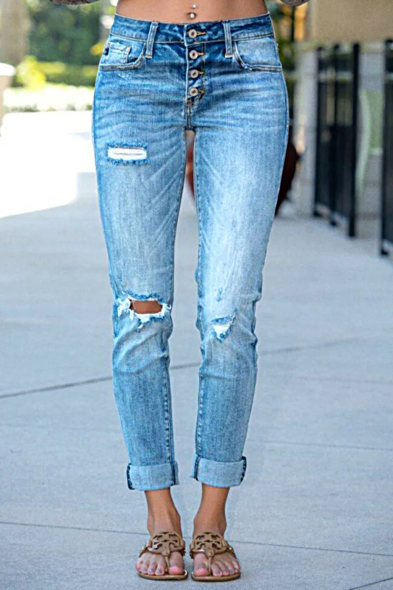 Ripped Button Fly Mid Waist Skinny Jeans