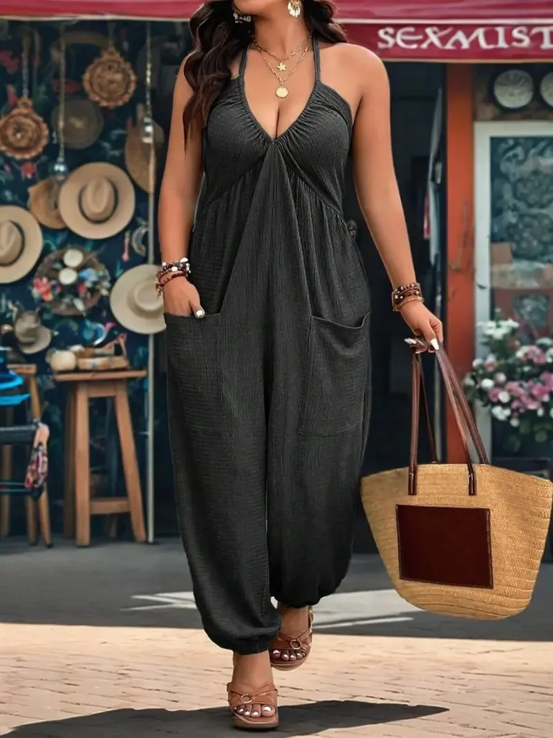 [Plus Size] Solid-Color Jumpsuit with Pockets