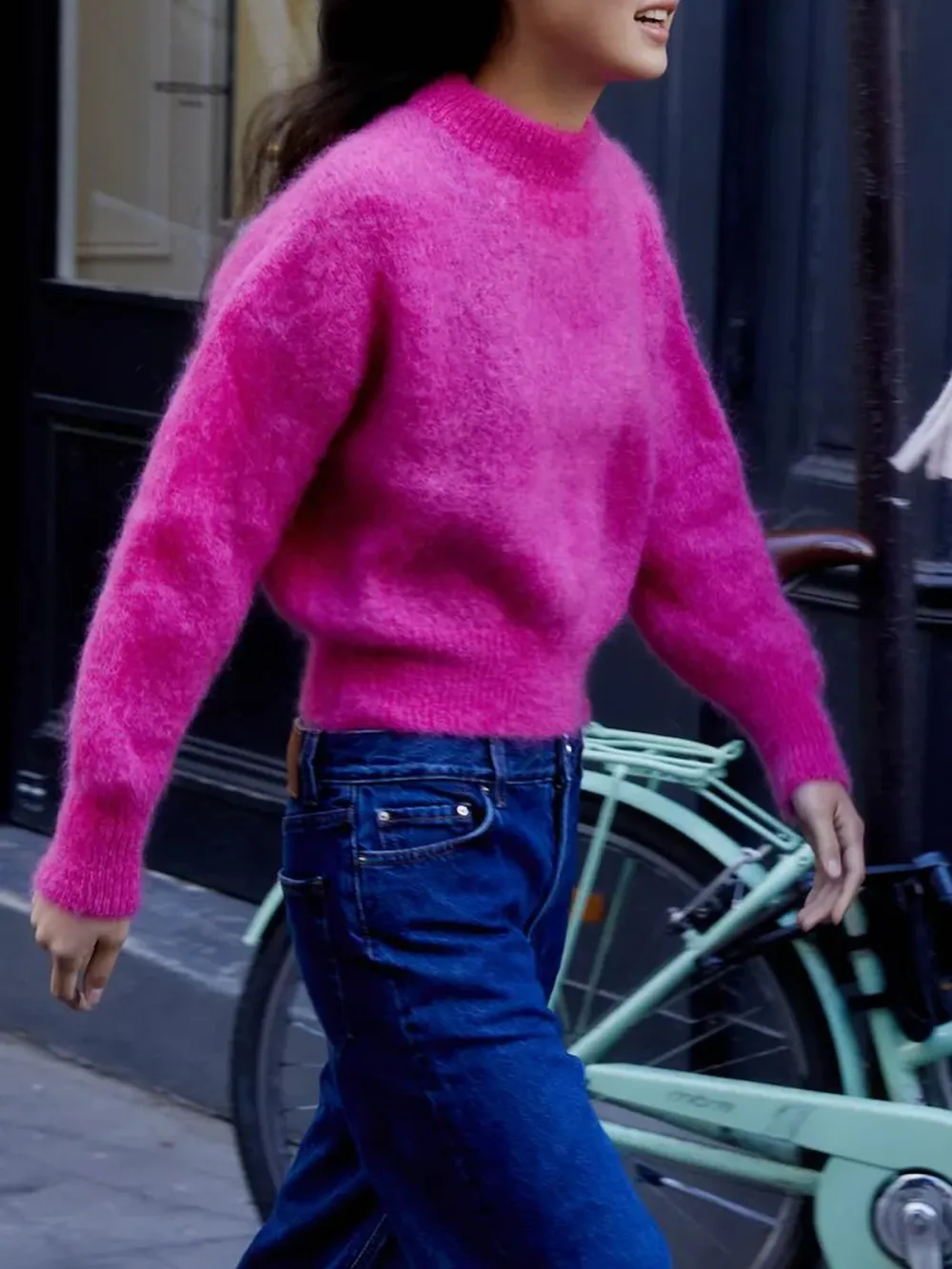 Casual Style Crew Neck Sweater Fuschia