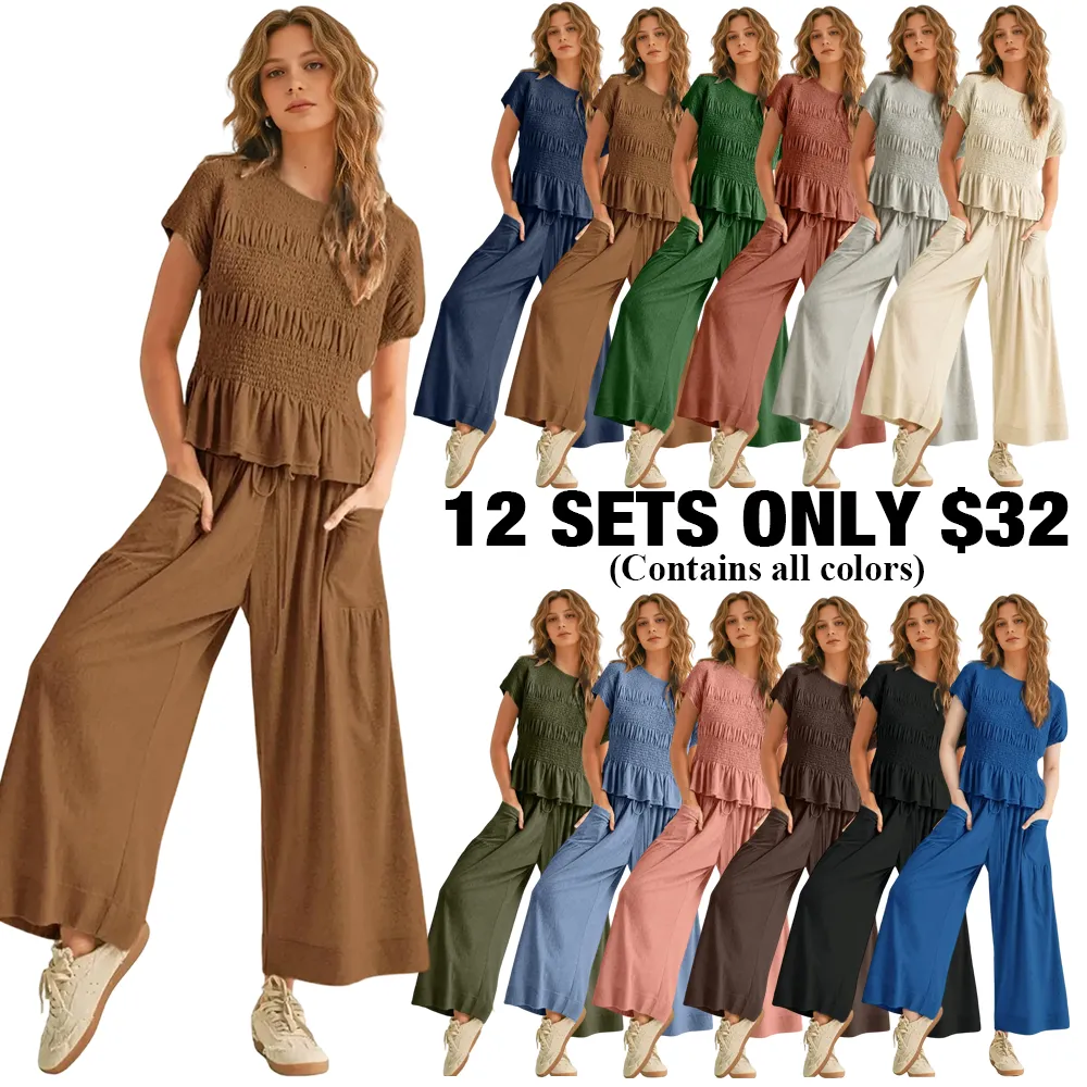 Women's Boho Chic Pleated Top & Wide-Leg Set