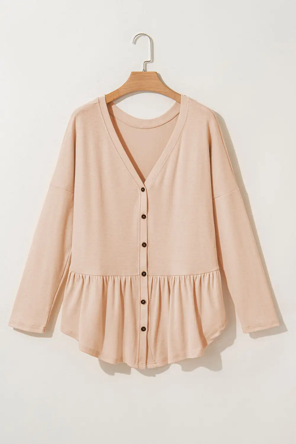 Solid Ruffled Buttoned V Neck Shirt
