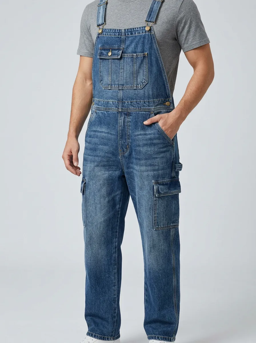 Men's Casual Workwear Blue Denim Cargo Overalls