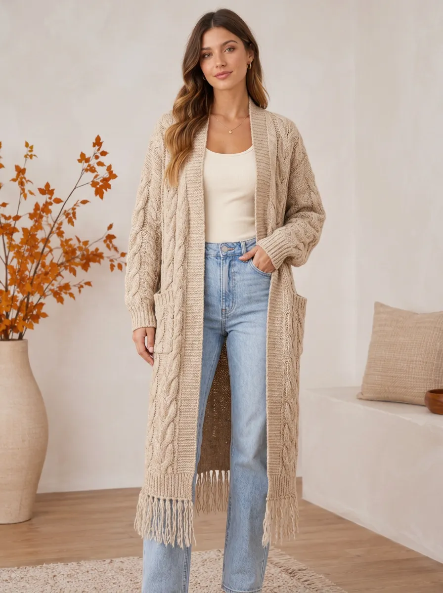 Women's Beige Cable Knit Tassel Trim Long Cardigan