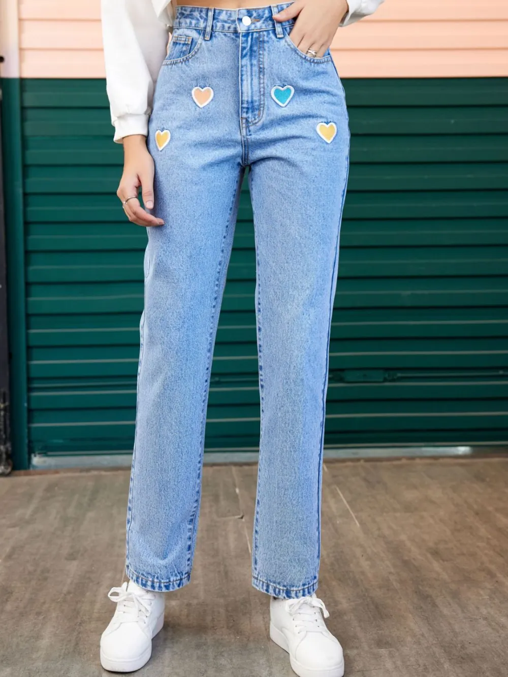 Heart Straight Leg Pocket Denim Jeans