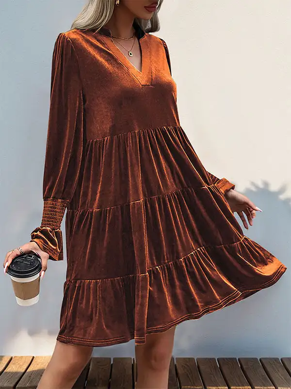 A Line Long Sleeve Pleated Solid Color Velvet V Neck Mini