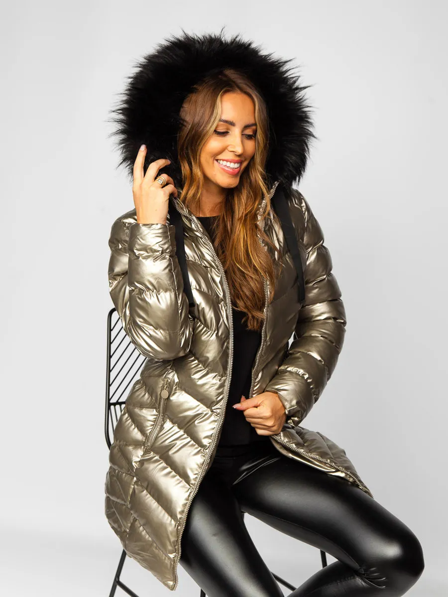Gold Women's Long Quilted Winter Jacket With Hood