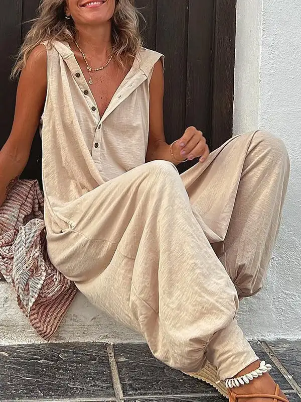 Jumpsuits Met Losse Knopen Effen Kleur En V