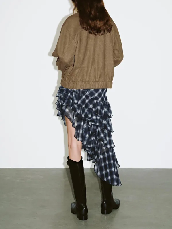 Lady's Dark Grey Checkered Asymmetrical A-Line Pleated Dress