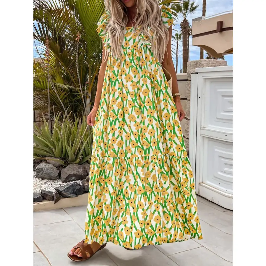 Ruffled Printed Cap Sleeve Midi Dress
