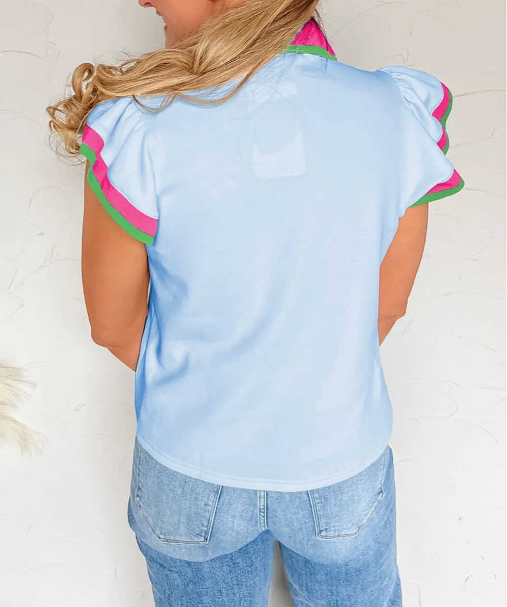 Blue Color Contrast Ruffled Sleeve Collared V Neck Blouse