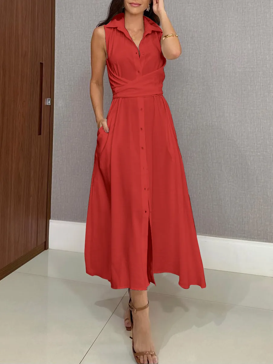 Shirt Style Single Breasted Tie Midi Dress
