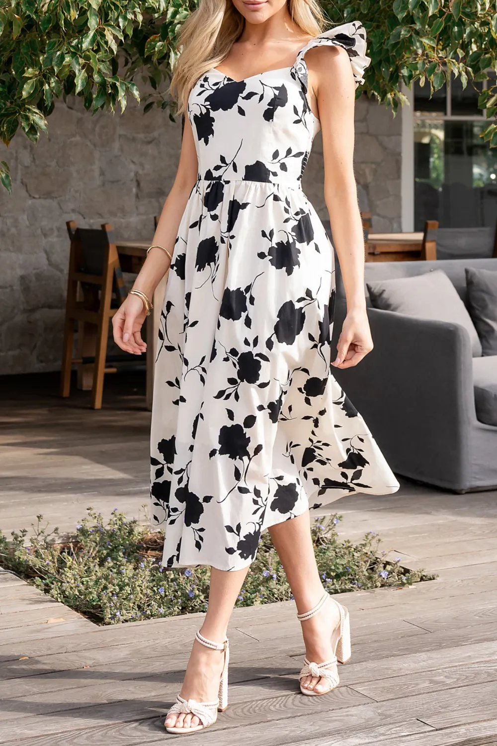 Minimalist Versatile Art Ivory And  Black Floral Dress