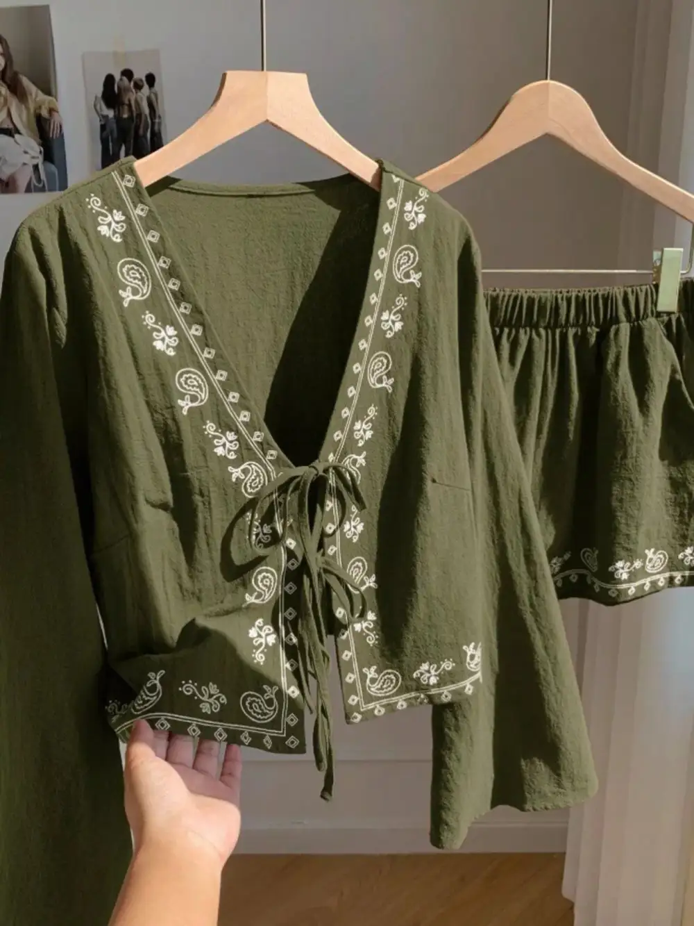 Embroidered Tie Front Top & Shorts Set