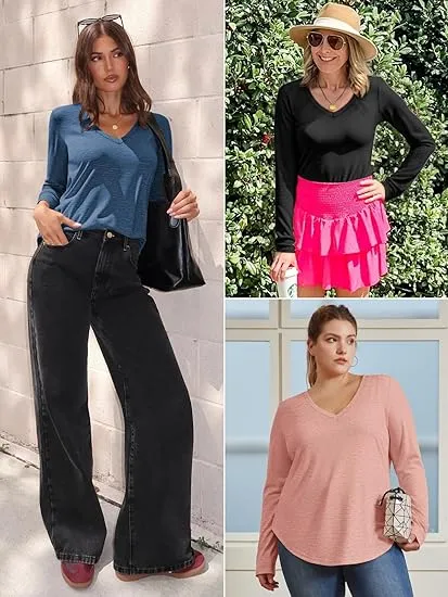 Women's V-Neck Long Sleeve Tee - Soft Curved Hem Top