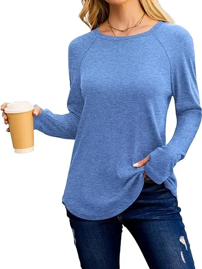 Womens Tunic Tops to Wear with Leggings Long Sleeve Thumb Hole Shirts Crew Neck Curved Hem