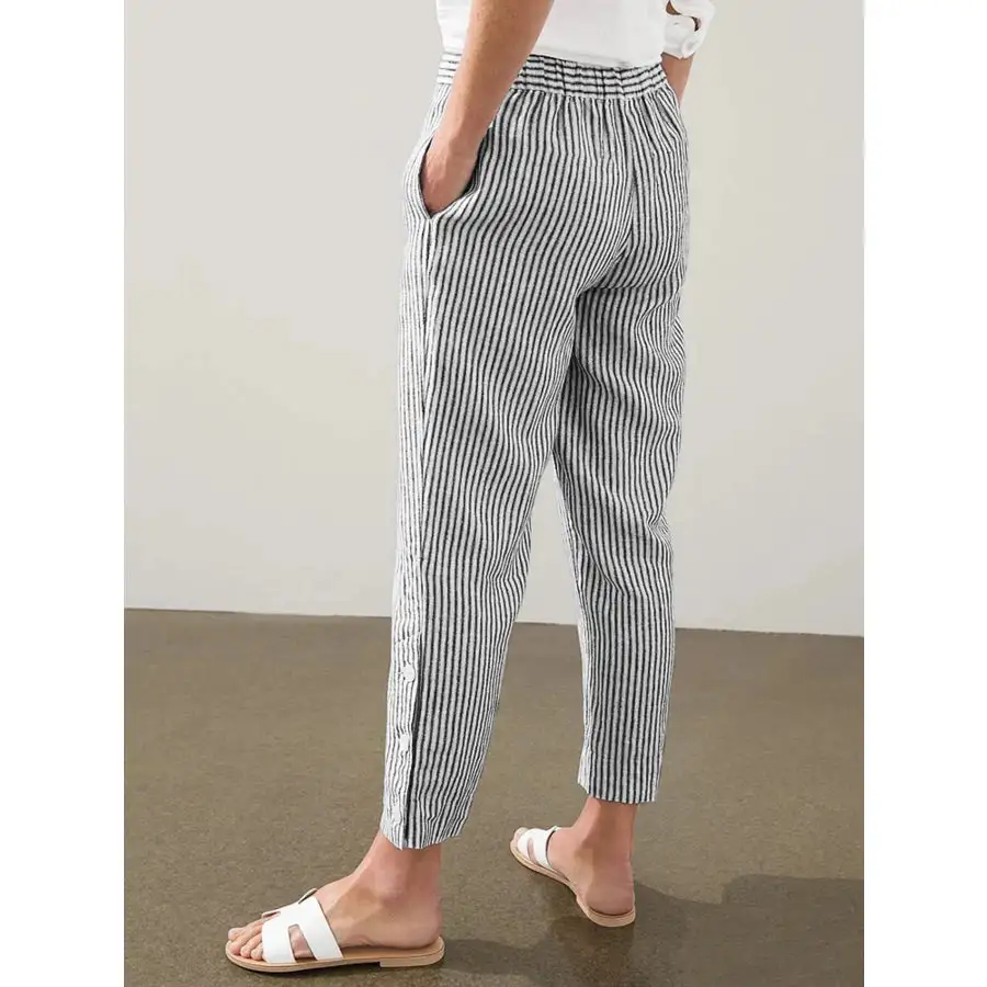 Full Size Striped Side Button Detail Pants Plus Size