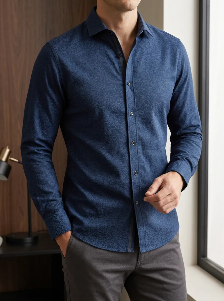 Men's Casual Business Navy Blue Paisley Printed Slim Fit Shirt