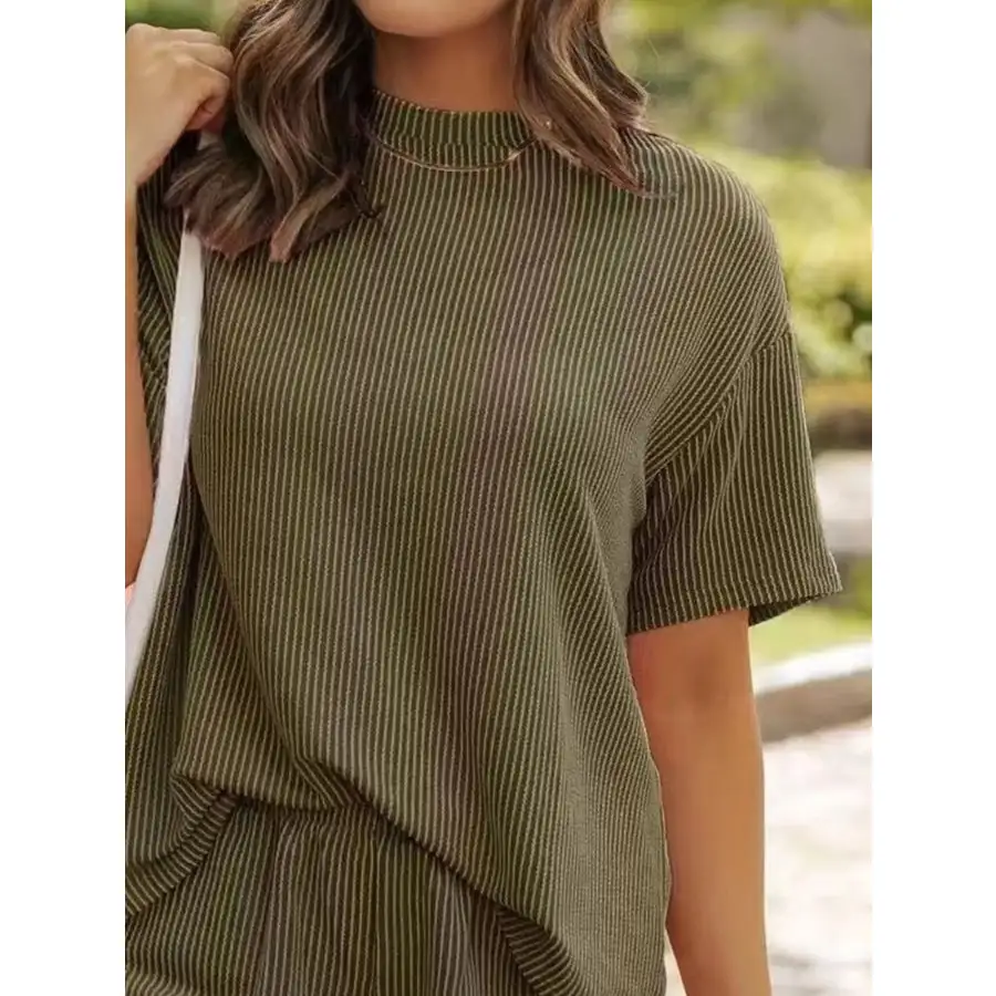 Ribbed Short Sleeve Top and Shorts Two Piece Set