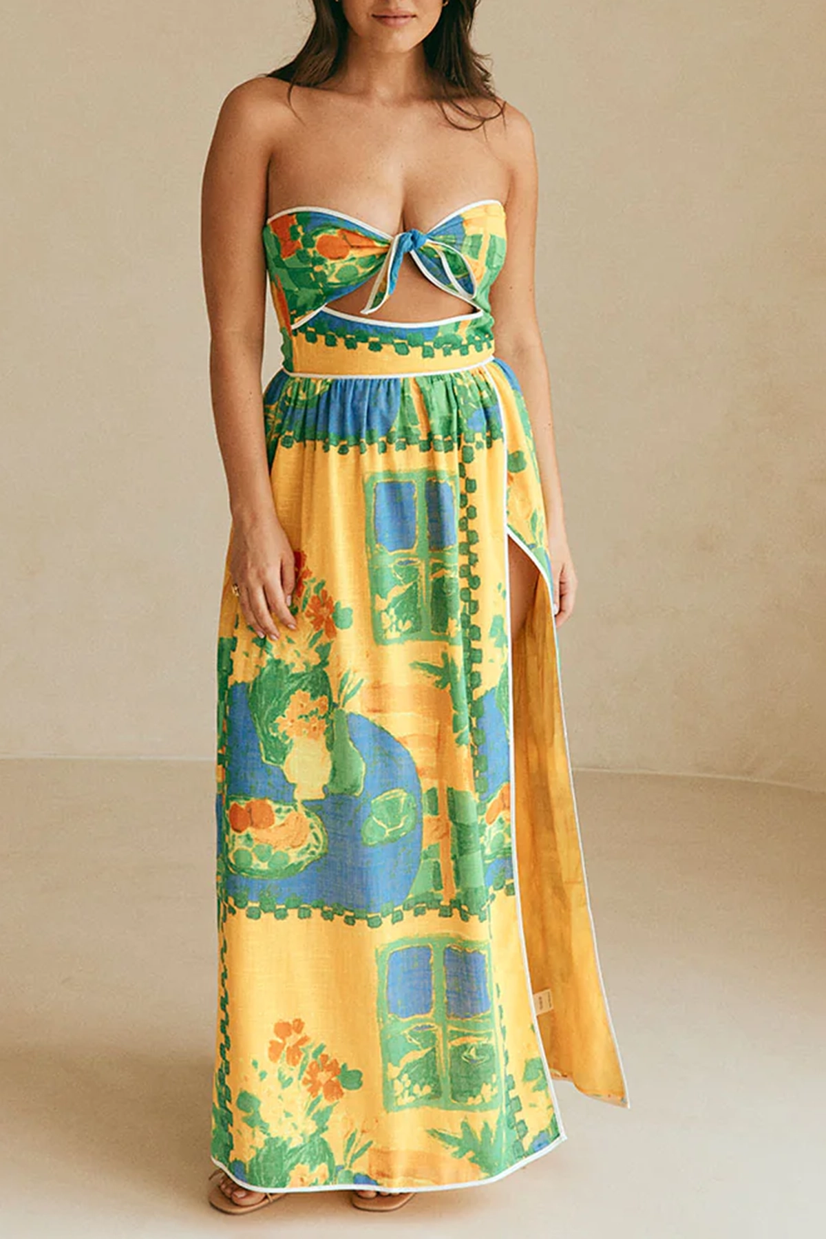 Color Blocked Strapless Slit Midi Dress