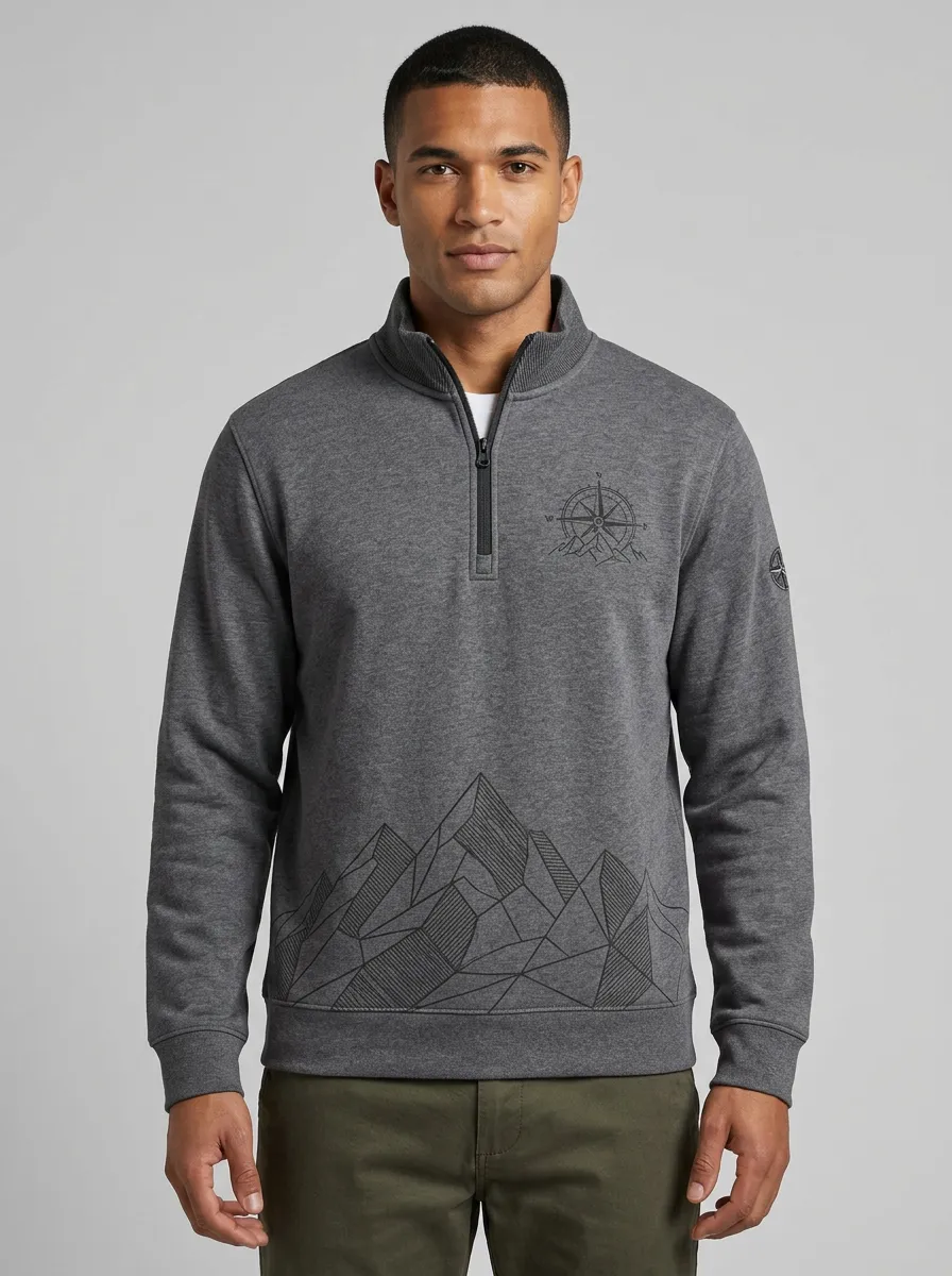 Men's Outdoor Mountain Compass Graphic Quarter-Zip-Neck Sweatshirt
