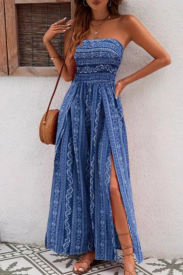 Ethnic Bandeau Smocked Jumpsuit