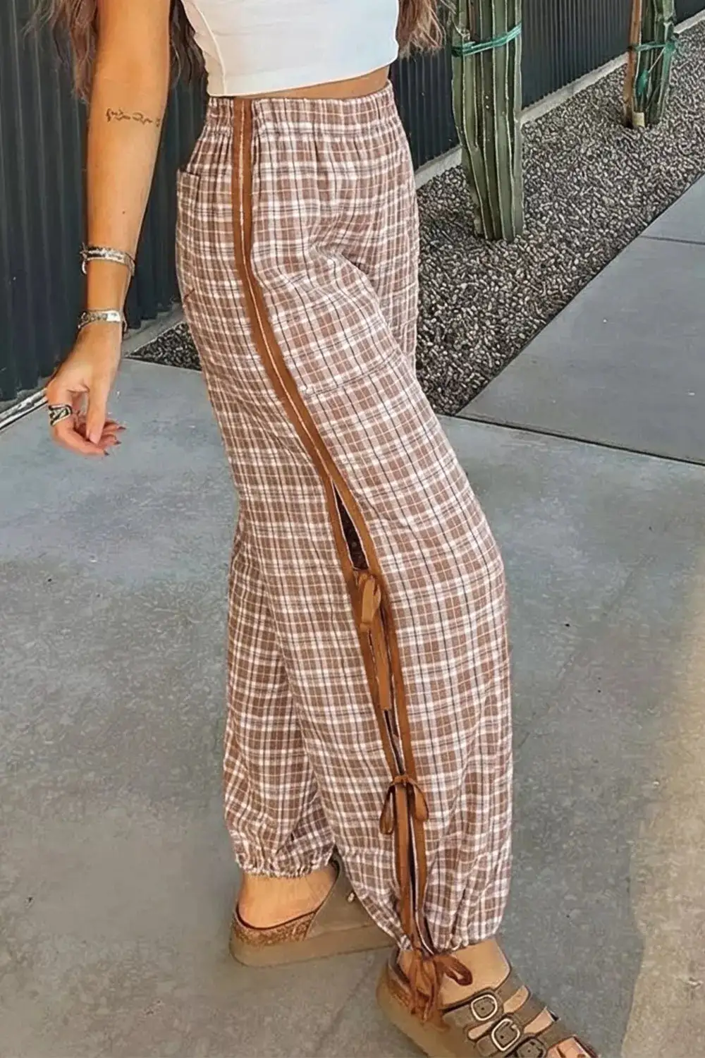 Plaid Print Tie Detail Casual Pants