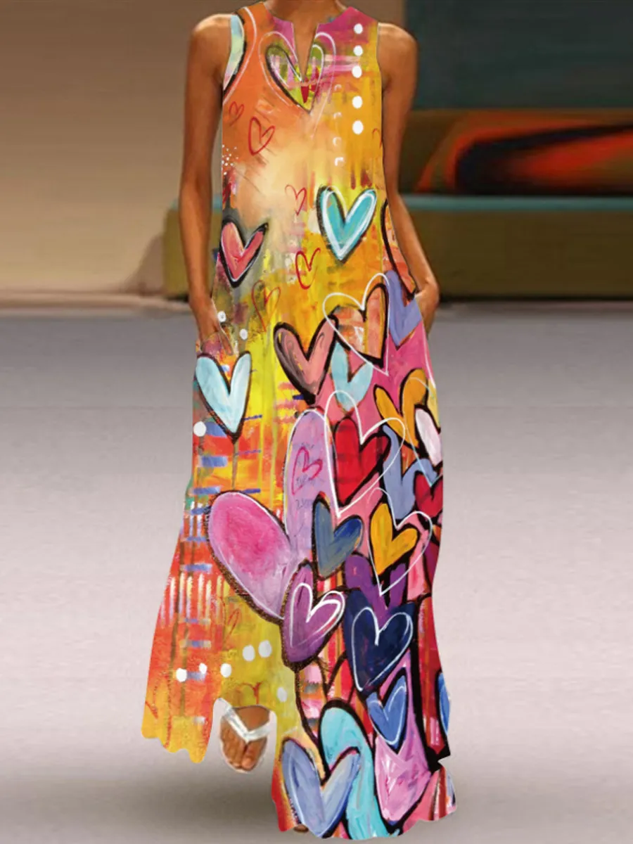 Ladies Vintage Printed V-neck Sleeveless Maxi Dress