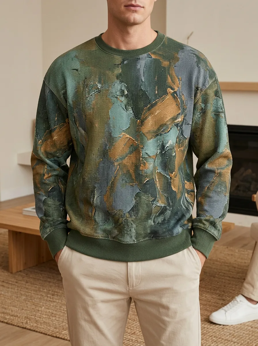 Men's Green Abstract Waffle Knit Crewneck Sweatshirt