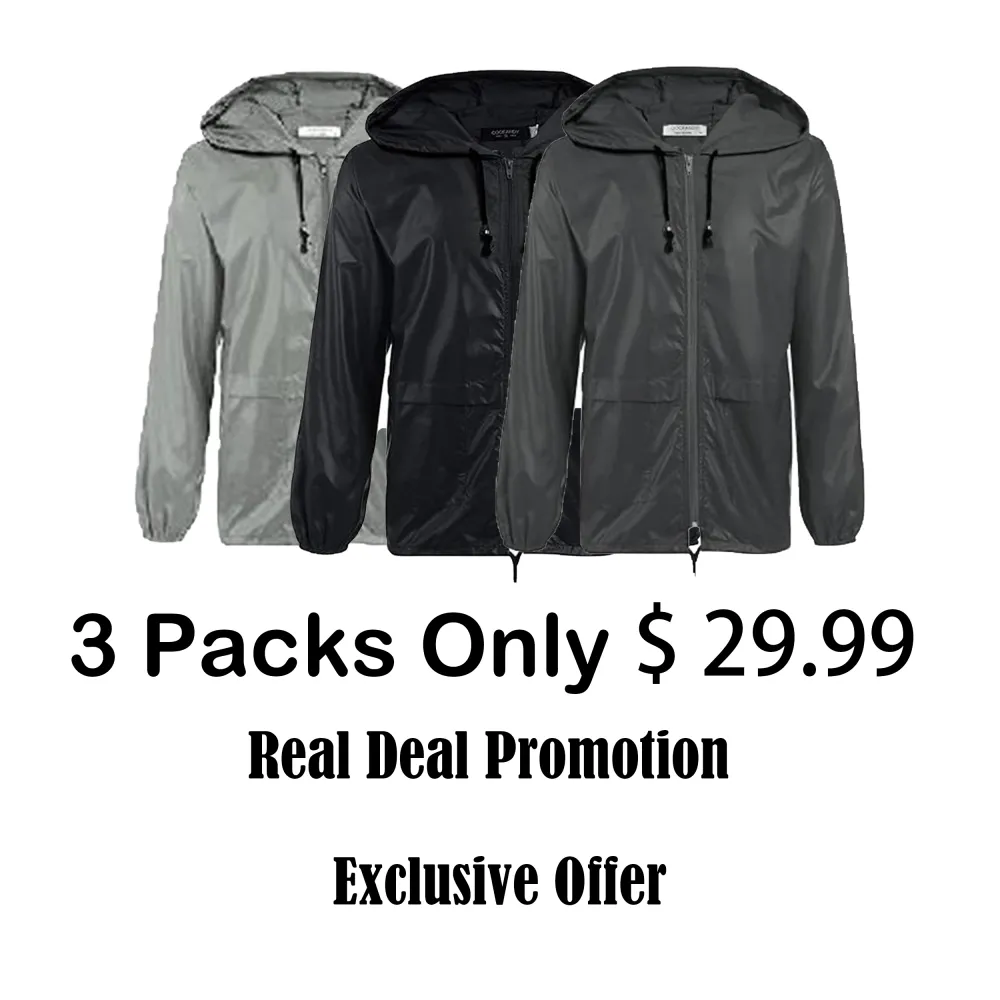 Men's Packable Jacket Outdoor Waterproof Hooded Lightweight Classic Cycling Raincoat for Hiking/Outdoor/Camping Fabric Menswear Zipper Breathable Relaxed Fit Long Sleeve Tops Athletic Outerwear Activewear Blazer