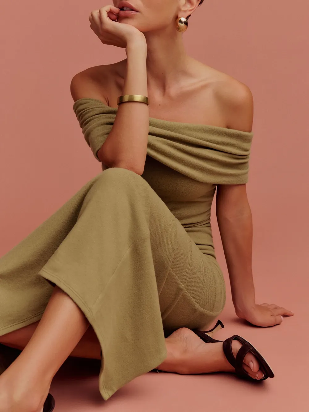 Off Shoulder Belted Midi Dress