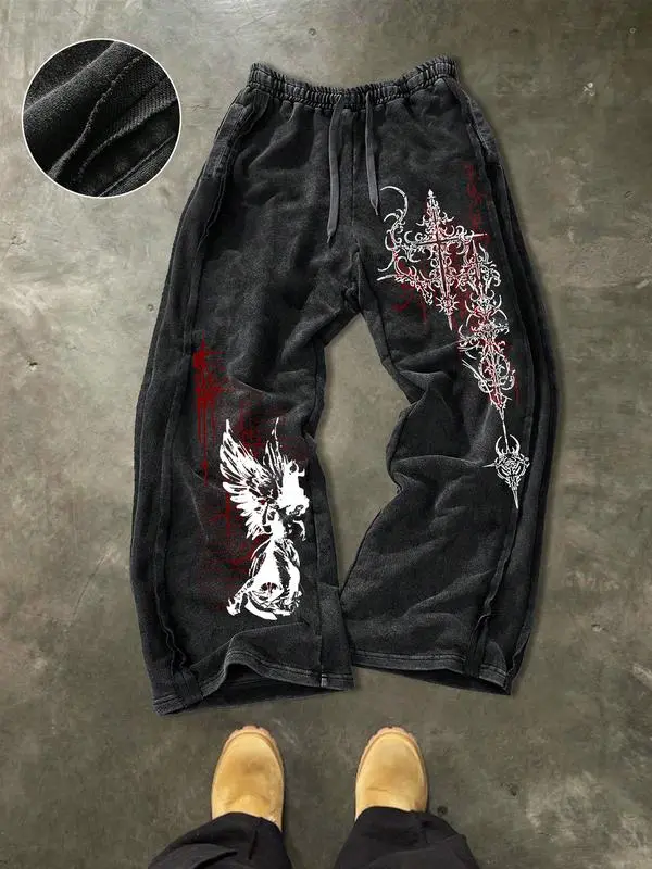 Men's Washed Cotton Sweatpants with Side Stitching, Gothic Pattern, Comfortable Casual Pants for Daily Wear