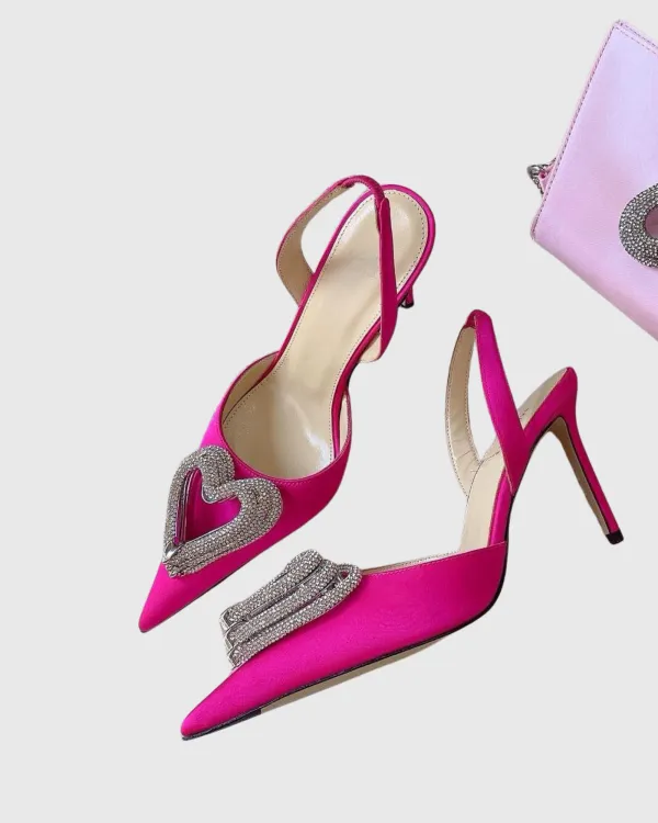 Crystal Heart Strap Pumps in Hot Pink