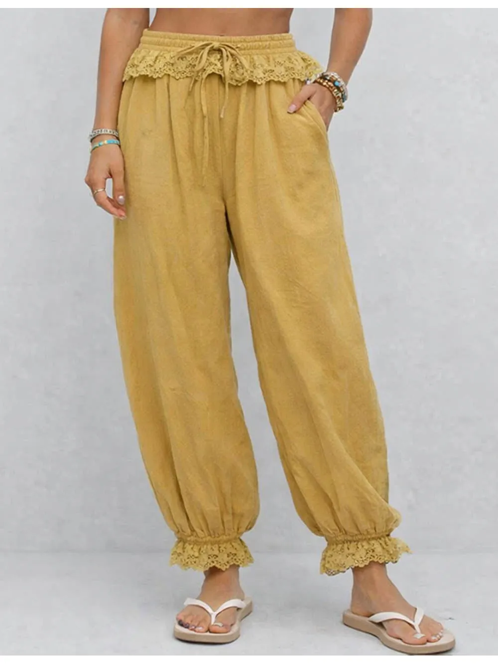 Lace Lantern Leg Elastic Waist Drawstring Pants