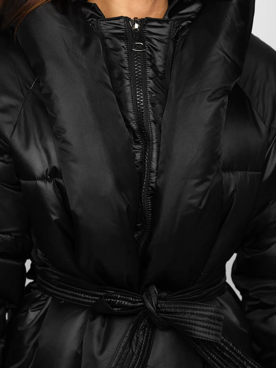 Black Women's Long Quilted Winter Jacket With Hood