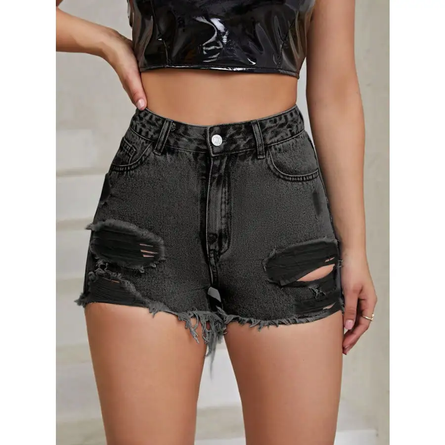 Distressed Raw Hem High Rise Denim Shorts